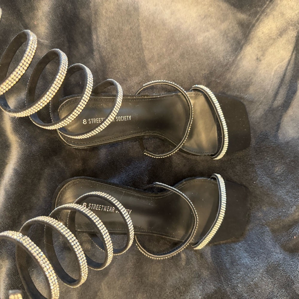 Streetwear Society Black and Silver Heels with Strappy Design